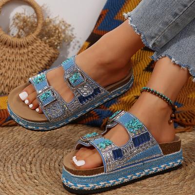 New Thick Bottom Double Buckle Rhinestone Sandals