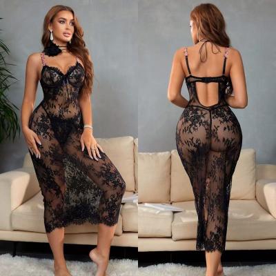 T-back + Lace Mesh Flower Embroidery Backless Deep V Suspenders Sexy Long Dress